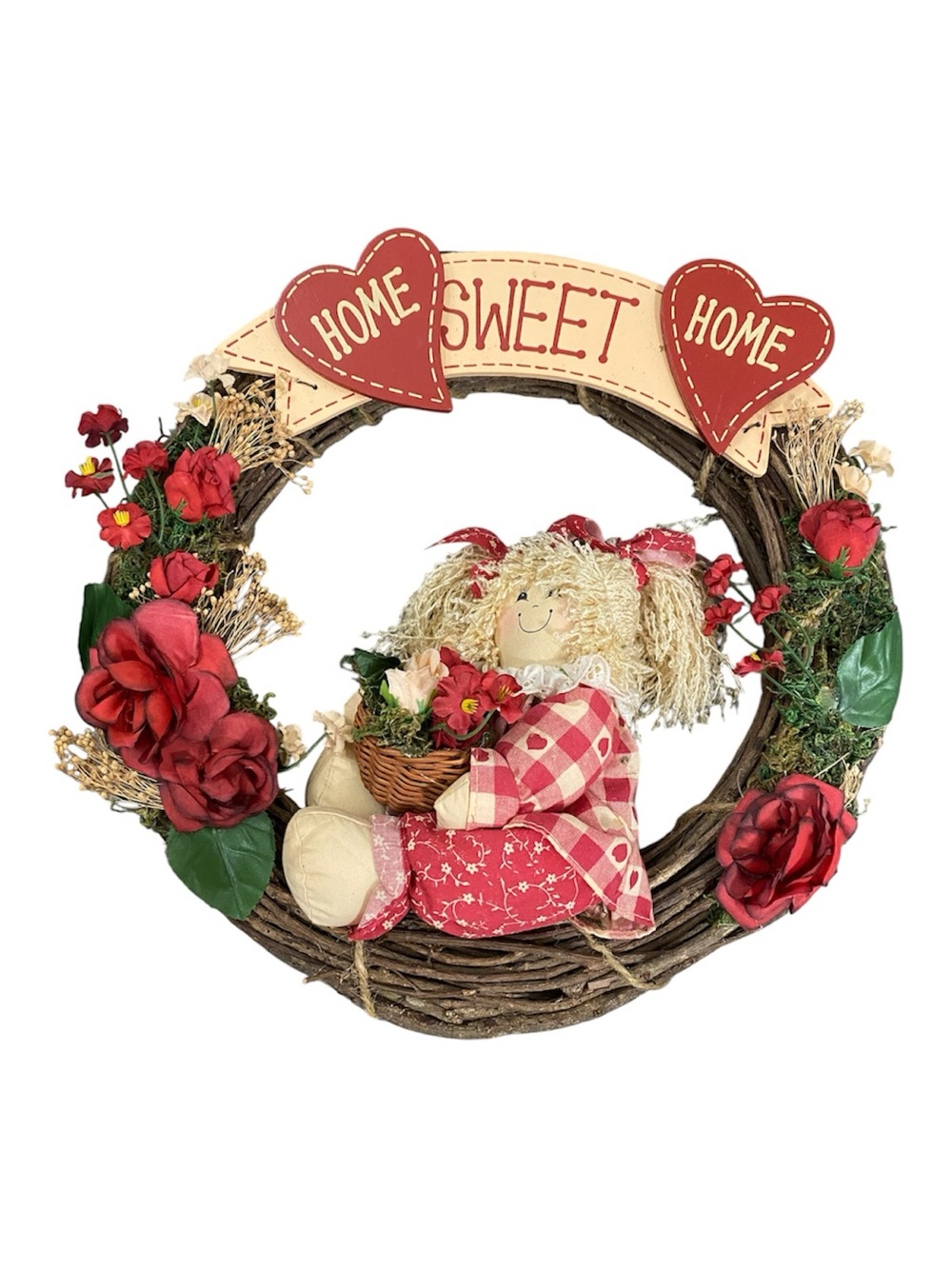Home Sweet Home Red Floral Rag Doll Wreath